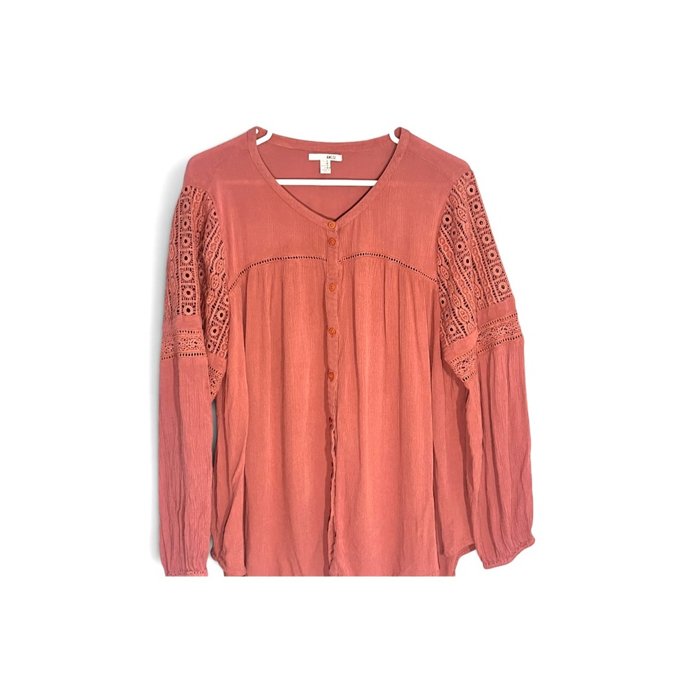 Amuse Society Women's Mauve Rose Crochet Lace Inset Blouse Boho Top XL